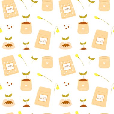 Kusursuz desenli çiçekler, tohum paketleri, yeşil filizler, filizler. Çiçek tohumları paketleme, ambalaj kağıdı, arka plan vs. için mükemmel. Bahçe konsepti