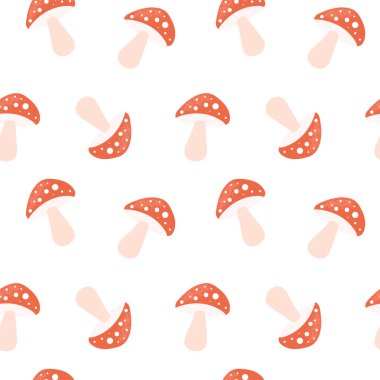 Amanita mantarı dikişsiz desen. Elde çizgi film Amanita Muscaria 'sı olan vektör pürüzsüz desen, uçar gider. Giysiler, tekstil, kumaş, duvar kâğıdı vs. için mükemmel.
