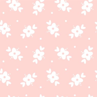 Şirin çiçekler ve kusursuz kalpler. Basit çiçekli vektör kusursuz desen. Kız baskısı. Giysiler, tekstil, kumaş, giysi, duvar kâğıdı, ambalaj kağıdı vs. için mükemmel. 