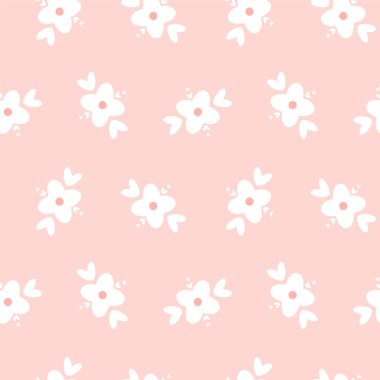 Basit çiçekler ve pürüzsüz kalpler. Çiçekli, desensiz papatya taşıyıcısı deseni. Kız baskısı, giysi, tekstil, kumaş, duvar kağıdı vs. için mükemmel.