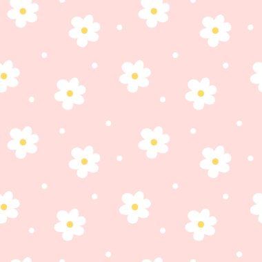 Basit, soyut, dikişsiz papatya deseni. Çiçekli ve noktalı sevimli çiçek desenli vektörler. Bebek tekstil, giysi, kumaş, ambalaj kağıdı vs. için mükemmel.