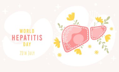 Çiçekli karaciğerle Dünya Hepatit Günü pankartı. Elle çizilmiş düz çizgi film tarzında vektör illüstrasyonu. Tarafsız bir arkaplan. Web sitesi, yatay afiş, poster, kart, el ilanı ve benzeri şeyler için mükemmel.