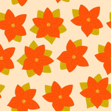 Noktasız desen. Geleneksel Noel çiçeği vektörü kusursuz desen. Hediye ambalaj kağıdı, arka plan, tekstil, kumaş vs. için mükemmel. El çizimi düz çizgi film çizimi