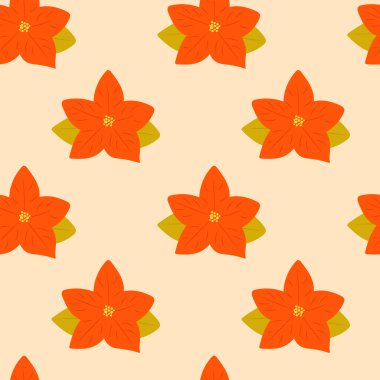 Pastel arka planda Poinsettia çiçeği olan kusursuz bir Noel deseni. Noel kırmızı çiçek sembolü. Vektör çizimi. Hediye ambalaj kağıdı, ambalaj tasarımı, tekstil, yüzey tasarımı vs.