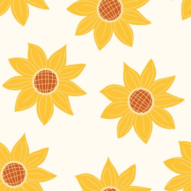 Ayçiçeği deseni kusursuz. Basit el çizimi düz ayçiçekleri ile arka planı tekrarlayan çiçek vektörü. Tekstil, kumaş, ambalaj tasarımı, ambalaj kağıdı vs. için mükemmel.