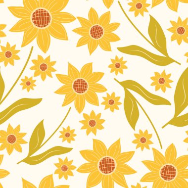 Sevimli ayçiçeği deseni. El çizimi düz ayçiçekleri ile arka planı tekrarlayan soyut yaz çiçeği vektörü. Tekstil, kumaş, moda baskısı, ambalaj tasarımı ve benzerleri için mükemmel.