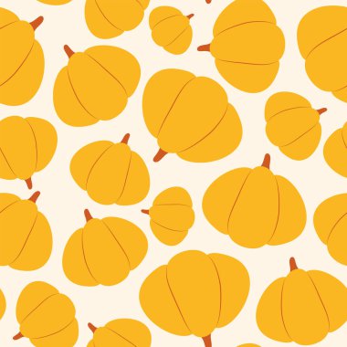 Basit, pürüzsüz bir balkabağı deseni. Vektör çizimi. El çizimi düz çizgi film tarzı. Tatlı turuncu balkabağıyla arka planı tekrarla 