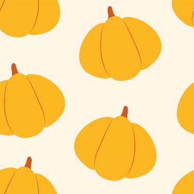 Tarafsız pastel arka planda sade turuncu balkabağı deseni. Vektör çizimi. Sonbahar için mükemmel arka plan, hasat arkaplanı, tekstil, kumaş, ambalaj kağıdı vs.