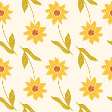 Ayçiçeği deseni kusursuz. Vektör çizimi. Tarafsız pastel arka planda ayçiçekleri olan klasik çiçeksiz desen. Tekstil, kumaş, duvar kâğıdı, arka plan tekrarı vb için mükemmel.