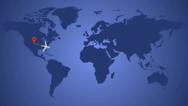 世界地図上の点線で飛行機旅行 — ストック動画