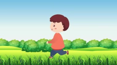 Ormanda mutlu bir şekilde koşan çocuk. Yeşil orman 2D animasyon.