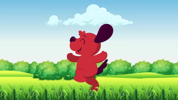 动感森林背景下快乐地奔跑的卡通狗 照相机从左圈向右圈移动 — 图库视频影像