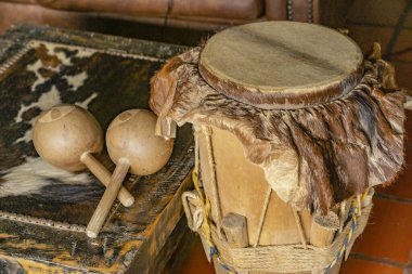 a closeup shot of a wooden Colombian and Caribbean drum