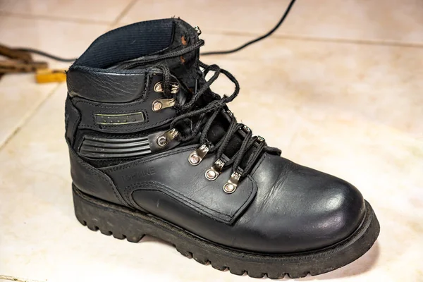 black leather boots, winter boots, close up
