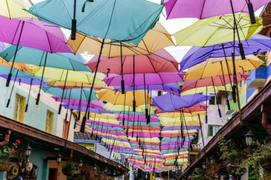 Sokakta renkli şemsiyeler