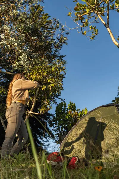 Mutlu Latin kadın sessizce kamp yapıyor.