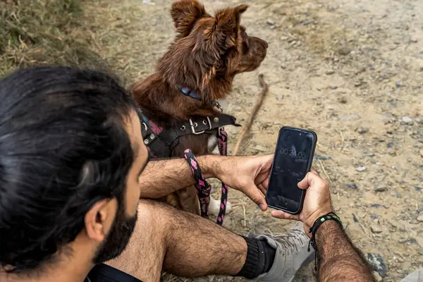 man programming a timer on his cell phone to exercise with his dog