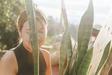 Kolombiyalı bir kadın yazın evindeki bitkileri buduyor. Dünya çevresi günü. Bahçedeki Sansevieria bitkisi.