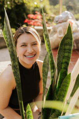 Kolombiyalı bir kadın yazın evindeki bitkileri buduyor. Dünya çevresi günü. Bahçedeki Sansevieria bitkisi.