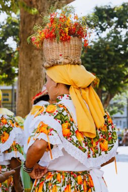 Kolombiya geleneği ve kültürü, dans grubu. Geleneksel And elbisesi. Kafasında çiçekler olan bir kadın.