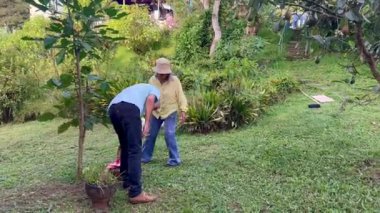 Evli çift piknik gününü paylaşıyor. İnsanlar gülümsüyor. Ağaçlar ve doğa. Mutlu Latinler.