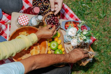 Oğlu piknik gününü ailesiyle paylaşıyor. İnsanlar yudumluyor. Mutlu Latin ailesi.