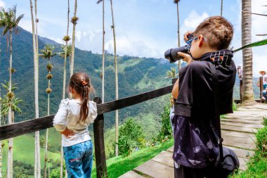 Çocuk fotoğrafçılığı, seyahat ve yürüyüş öğreniyor. Kolombiya, Cocora Vadisi. Aile ve kardeşler..