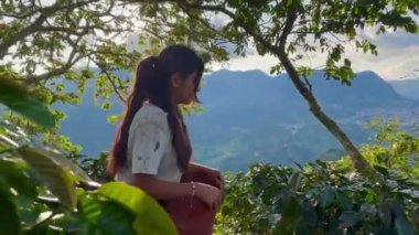 Kolombiya 'nın kahve bölgesinde Riosucio dağlarındaki ağaçlardan kahve toplayan güzel, genç, Kolombiyalı Latin mestizo köylü kadın. Kahve işleniyor. Kahve endüstrisi