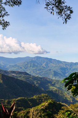 Kolombiya kahve bölgesinde yer alan Riosucio, Caldas 'ın kırsal kesimindeki And Dağları' nda günbatımı manzarası, geniş kahve ve muz tarlaları..