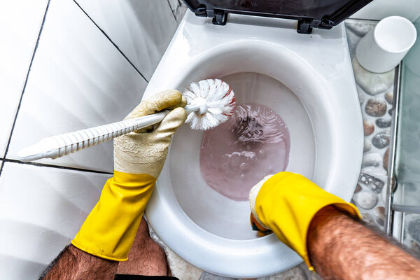 Adult Colombian Latino male soaping, scrubbing and washing his home bathroom toilet with a brush