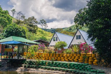 Kırsal bahçesinde mavi çatıları olan, boyalı lastikler, ağaçlar ve bulutlu tepelerle çevrili kırsal otelin iki beyaz yatakhanesi.
