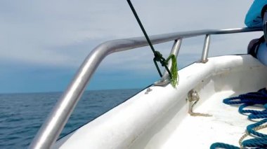 Yolcuların açık deniz manzaralı Karayip adasına sürat teknesi yolculuğu