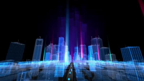 Digitales Stadtbild Mit Leuchtenden Lichtern Vor Schwarzem Hintergrund — Stockvideo