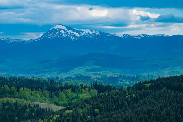 Vadinin manzarası. Karpatya dağlarının yaz manzarası. Gökyüzünde bulutlarla güneşli bir gün. seyahat ve turizm kavramı