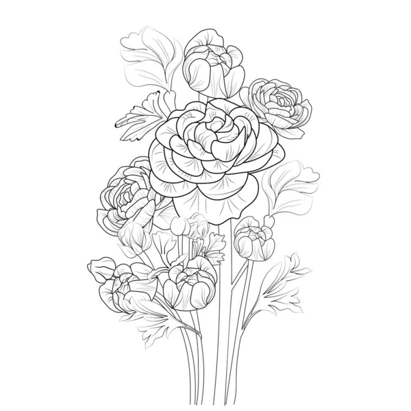 Black White Outline Vector Coloring Book Page Adults Children Flowers — Stock Vector