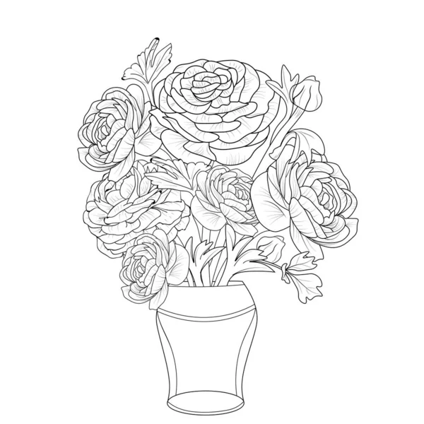 Hand Drawn Buttercup Ranunculus Flower Bouquet Vector Sketch Illustration Engraved — Stock Vector