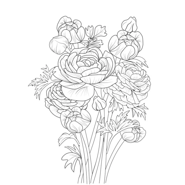Χειροποίητη Buttercup Ranunculus Λουλούδι Μπουκέτο Εικονογράφηση Διάνυσμα Σκίτσο Χαραγμένο Μελάνι — Διανυσματικό Αρχείο