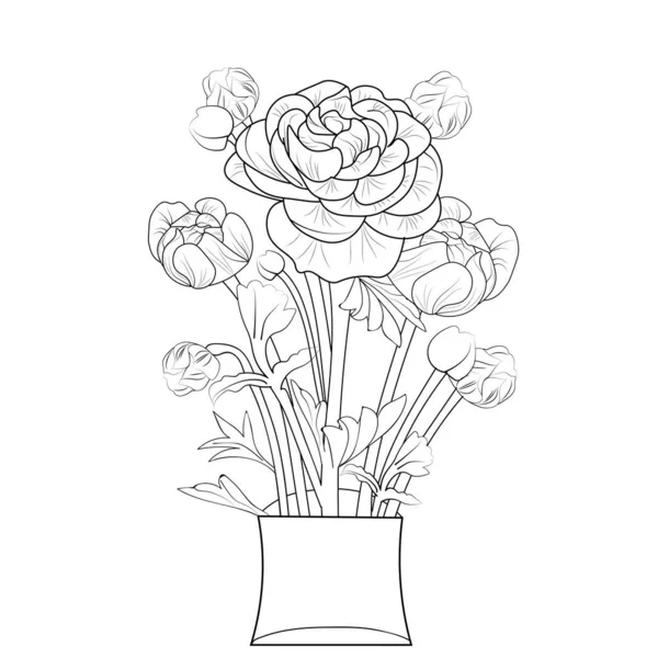 手描きのバターカップ ランキュラスの花の花束ベクトルのスケッチイラスト刻まインクアート植物の葉のコレクション白の背景の着色のページと本に隔離された — ストックベクタ
