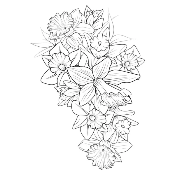 Векторный Ручной Эскиз Цветочная Иллюстрация Цветы Бабочка Рисунок Букет Нарцисс — стоковый вектор