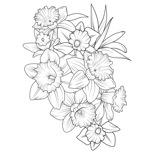 Hermosa Ilustración Floral Botánica Patrón Para Colorear Libro Página Narciso — Vector de stock