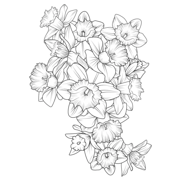 Seamless Vector Floral Pattern Sketch Outline Daffodil Flower Coloring Book — Stock Vector