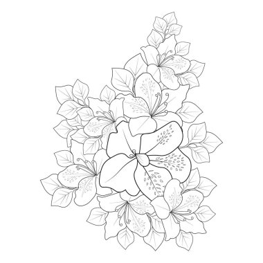 Monochrome hand-drawn vector floral pattern, sketch illustration with flowers. flower design for card or print. hand-painted Azalea flowers illustration isolated on white background black ink flower vector illustration