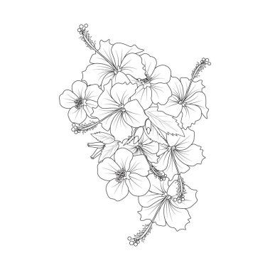 the floral pattern of beautiful flowers beautiful botanical floral pattern illustration for coloring book or page, hibiscus, Sharon flower sketch art hand drawn bouquet of floral isolated on white background