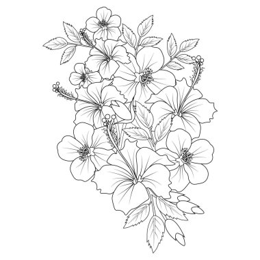 Illustration of a hibiscus flower, vector sketch pencil art, bouquet floral coloring page and book isolated on white background clipart. seamless pattern of black and white flowers of the spring garden. hand draw. vector illustration