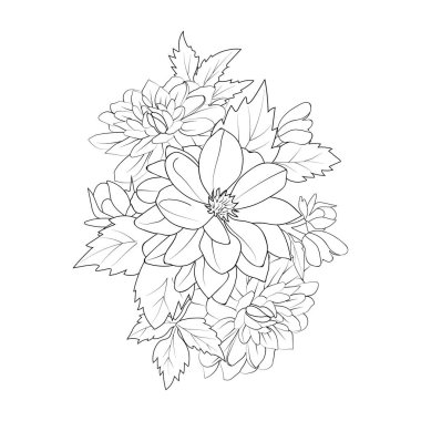 dahlia flower coloring pages, vector illustration of floral hand-drawn doodle flower