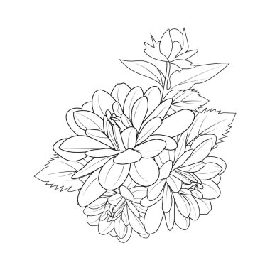 dahlia flower bouquet with hand-drawn monochrome flowers and leaves isolated on white background. black and red design. vector illustration