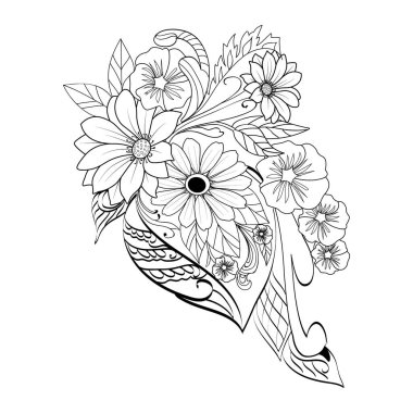 floral coloring tattoo with the image of black and white flowers doodle art, and coloring pages.