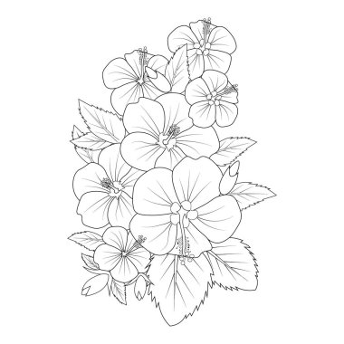Black outline drawing is perfect for coloring pages or books for children or adults.hibiscus flower bouqutet vector illustration of beautiful flowers. floral elements for design.