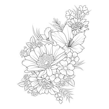 doodle flowers vector illustration of a beautiful floral background. hand-drawn flowers, leaves, chamomile, peonies