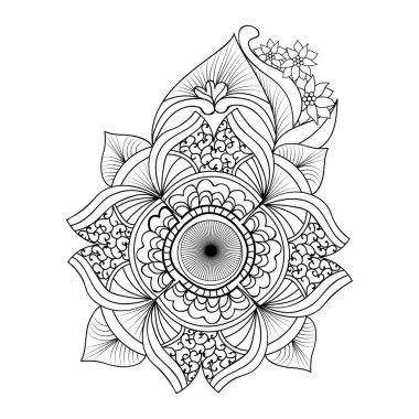 Çizgili çiçek buketi, güzel tasarım, çiçek desenli el çizimi çizimleri, karalama zentangası, dövme boyama boyama sayfası, yapraklı dekoratif çiçeklerin tek renkli karalama deseni..